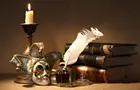 Answer CANDLE, FEATHER, INKPOT, BOOK, MASK, BELL, FLAME, BINDER